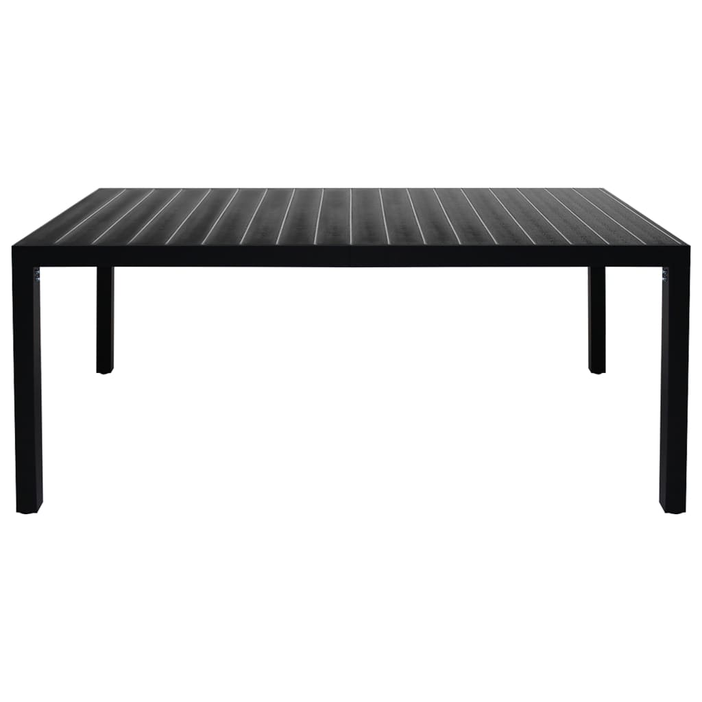 Black aluminium dining table with slatted surface, perfect for outdoor dining and garden setups, complementing stylish furniture.