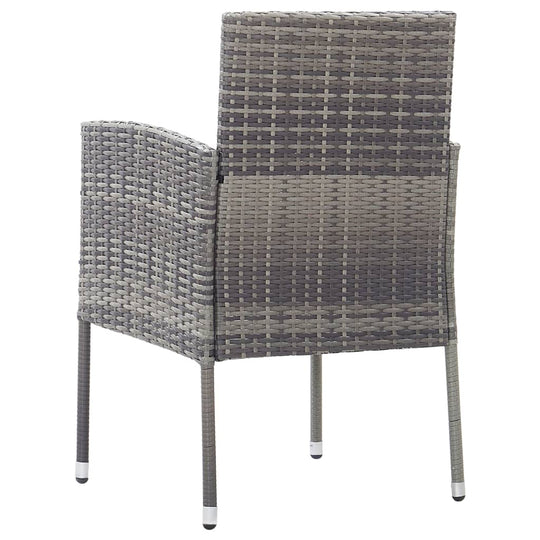 Back view of a weather-resistant rattan garden chair in grey, showcasing sturdy design and sleek legs.