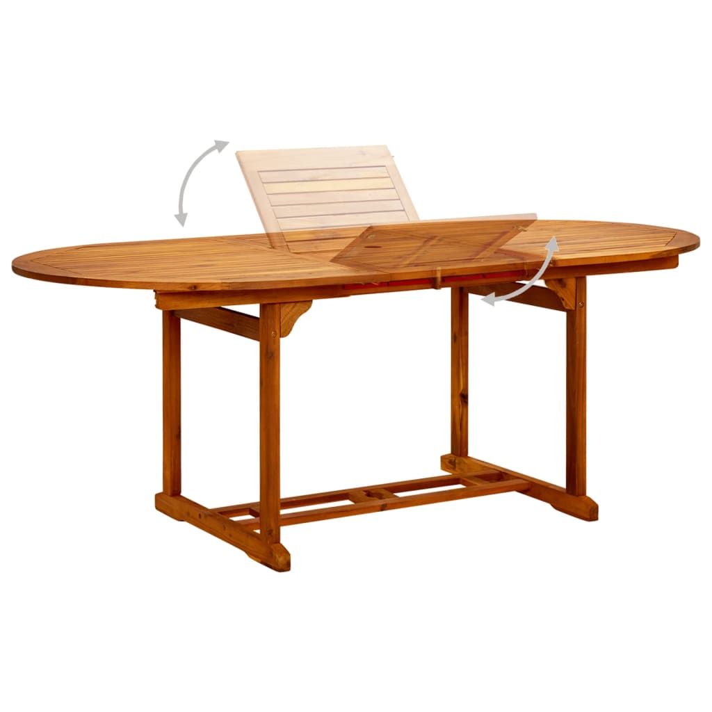 Adjustable oval acacia wooden dining table, perfect for outdoor entertaining with a sturdy design.