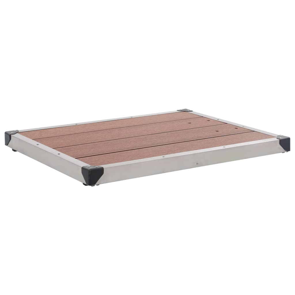 Modern outdoor platform with a brown wood-like surface and aluminum frame, suitable for garden or patio use.