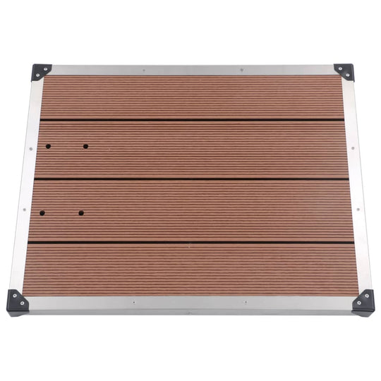 outdoor shower base with a brown wood-like surface and aluminum frame, ideal for garden and poolside installation.