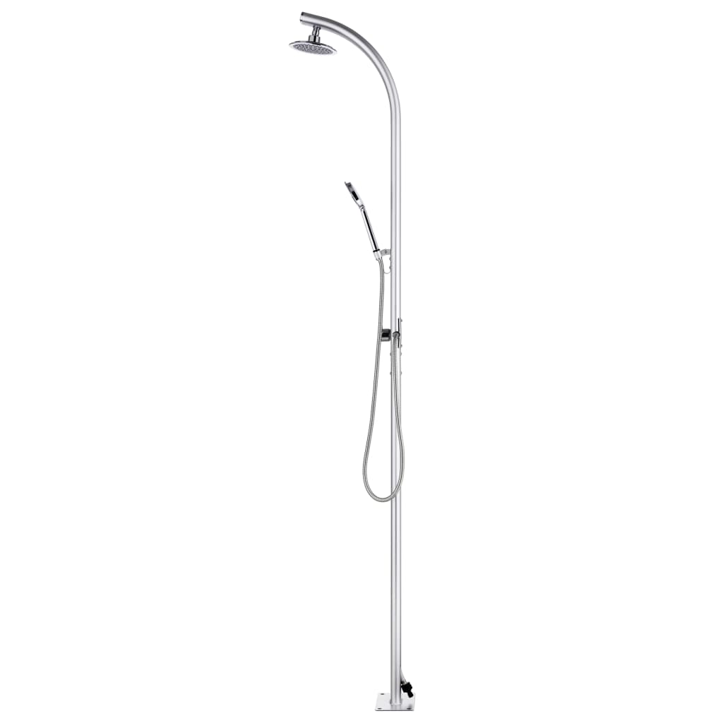 Modern garden shower with aluminum structure, head and hand shower, perfect for outdoor spaces.