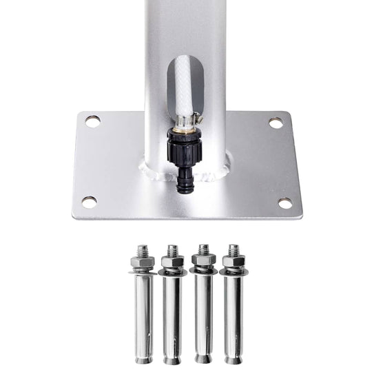 Garden shower base with fittings and bolts for secure installation, weather-resistant aluminium design.