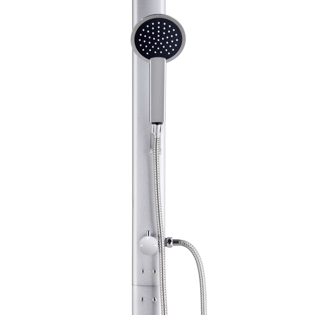 Aluminium garden shower with hand shower and flexible hose, perfect for outdoor living and quick rinses.