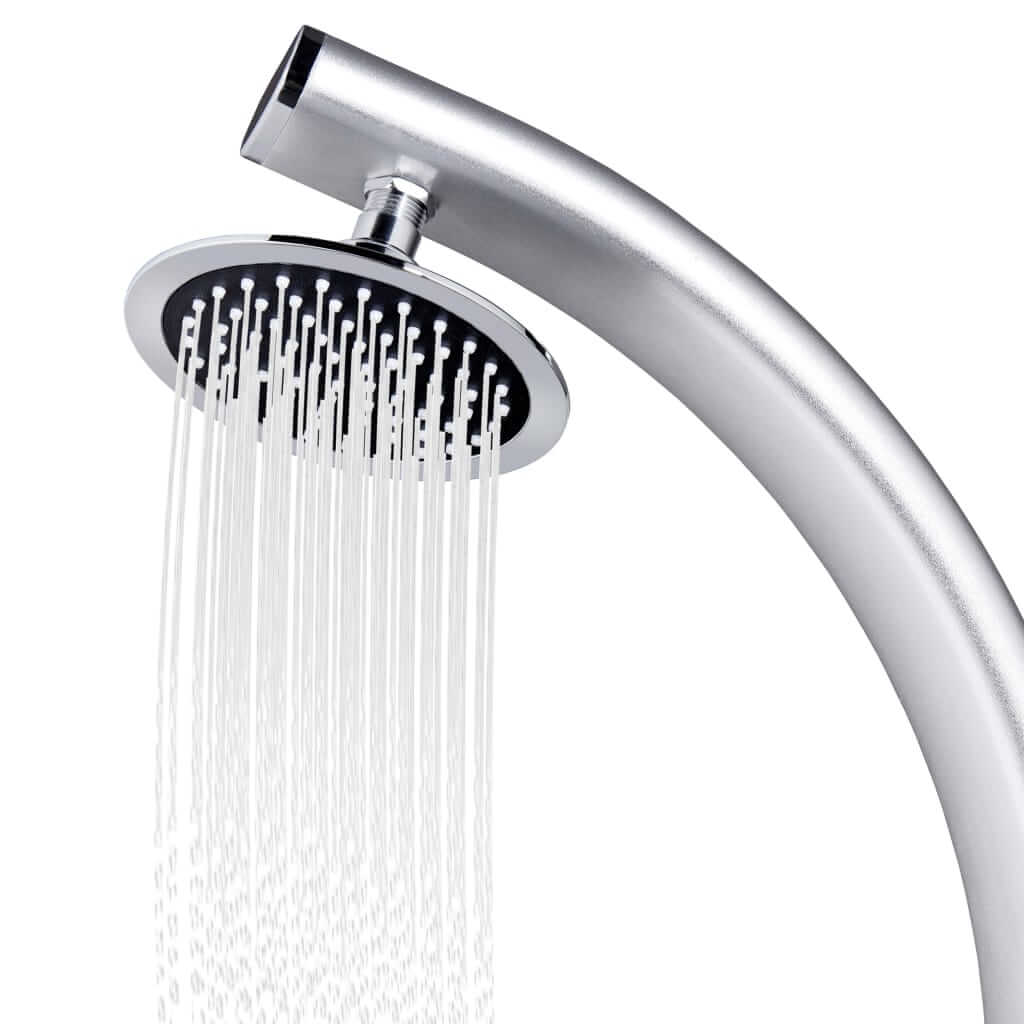 Modern aluminium garden shower head with flowing water, perfect for outdoor living areas and poolside relaxation.