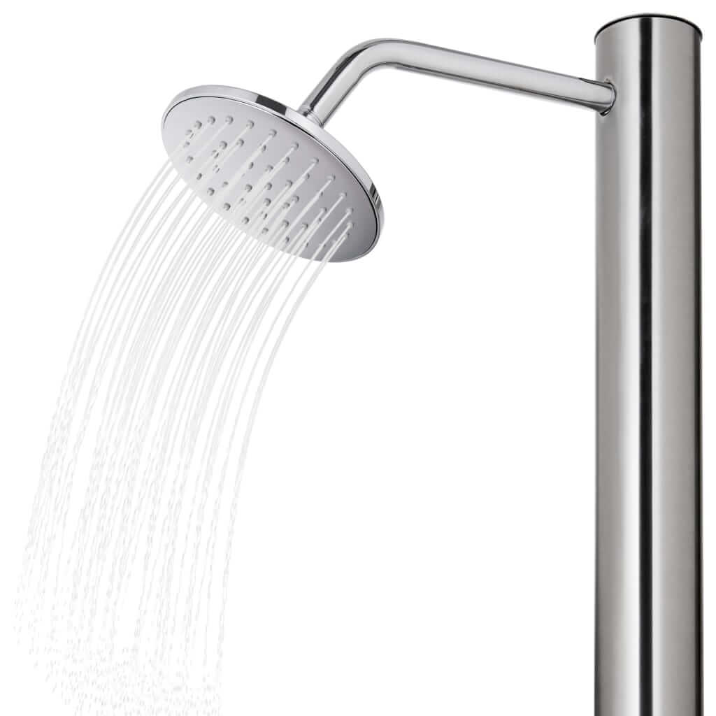 Modern stainless steel outdoor shower head with water flowing, perfect for garden and pool areas.