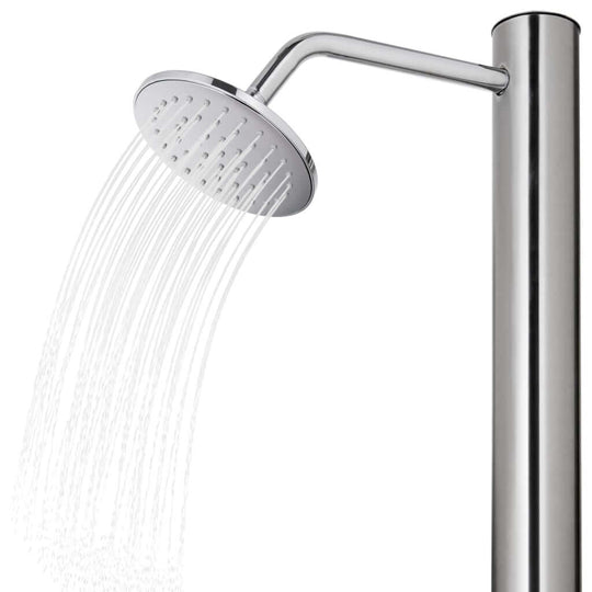 Modern stainless steel outdoor shower head with water flowing, perfect for garden and pool areas.