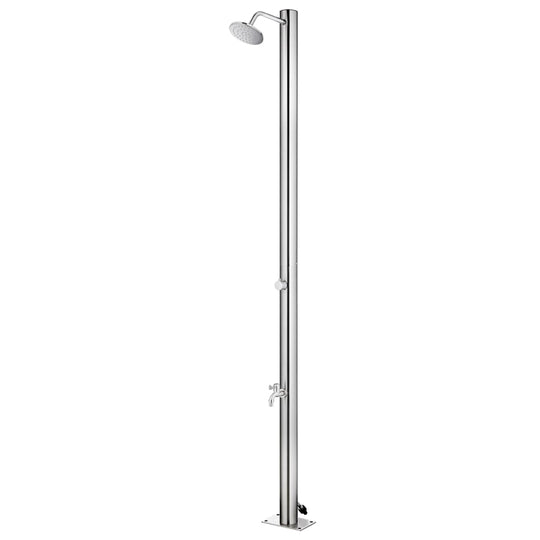 Modern stainless steel garden shower with head and foot wash faucet, perfect for outdoor living areas and poolside use.