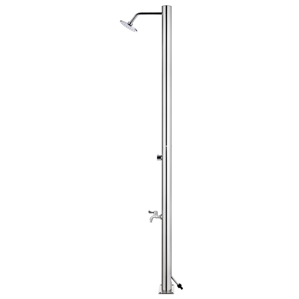 Stainless steel garden shower with head and foot wash faucet, perfect for outdoor living areas and poolside use.