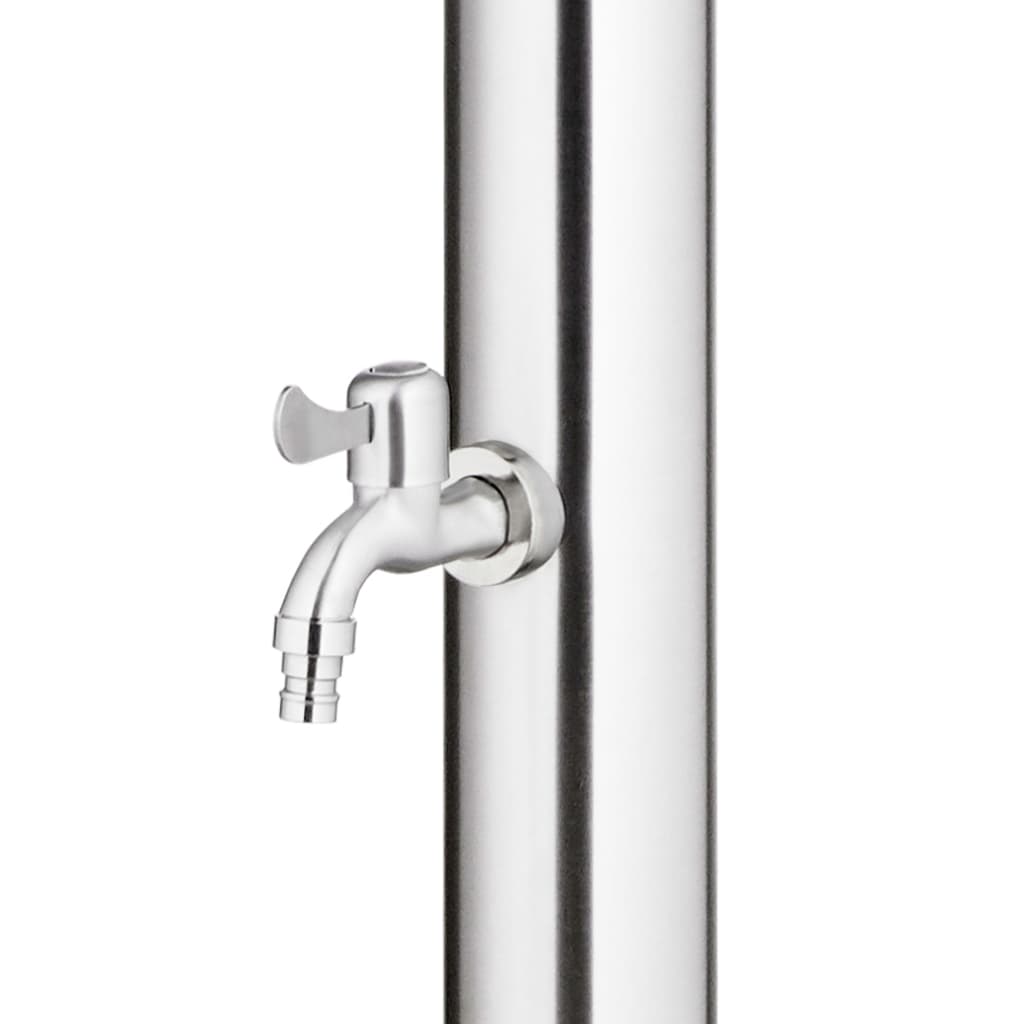 Stainless steel outdoor shower foot wash faucet with modern design for garden and pool areas.