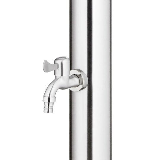 Stainless steel outdoor shower foot wash faucet with modern design for garden and pool areas.
