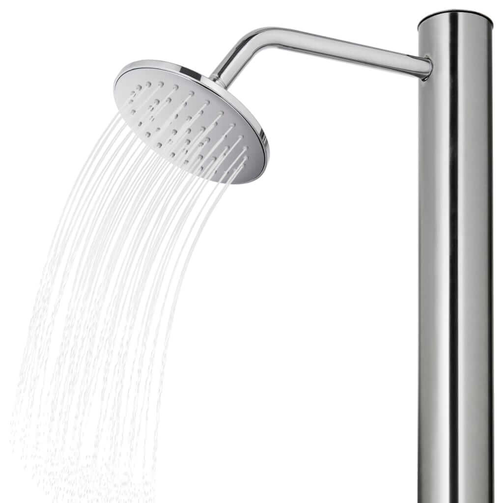 Stainless steel garden shower head with modern design, ideal for outdoor furniture and poolside use.
