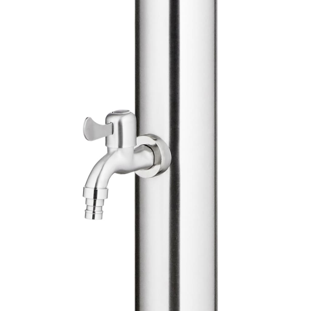 Close-up of a stainless steel garden shower faucet, ideal for outdoor furniture and poolside use.