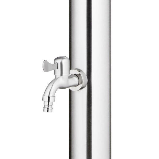 Close-up of a stainless steel garden shower faucet, ideal for outdoor furniture and poolside use.