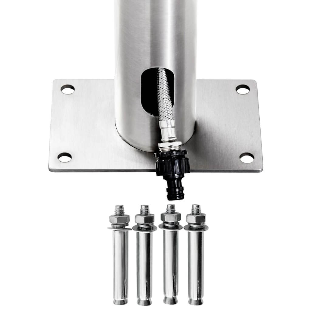 stainless steel garden shower base with water connector and mounting bolts for outdoor furniture setup
