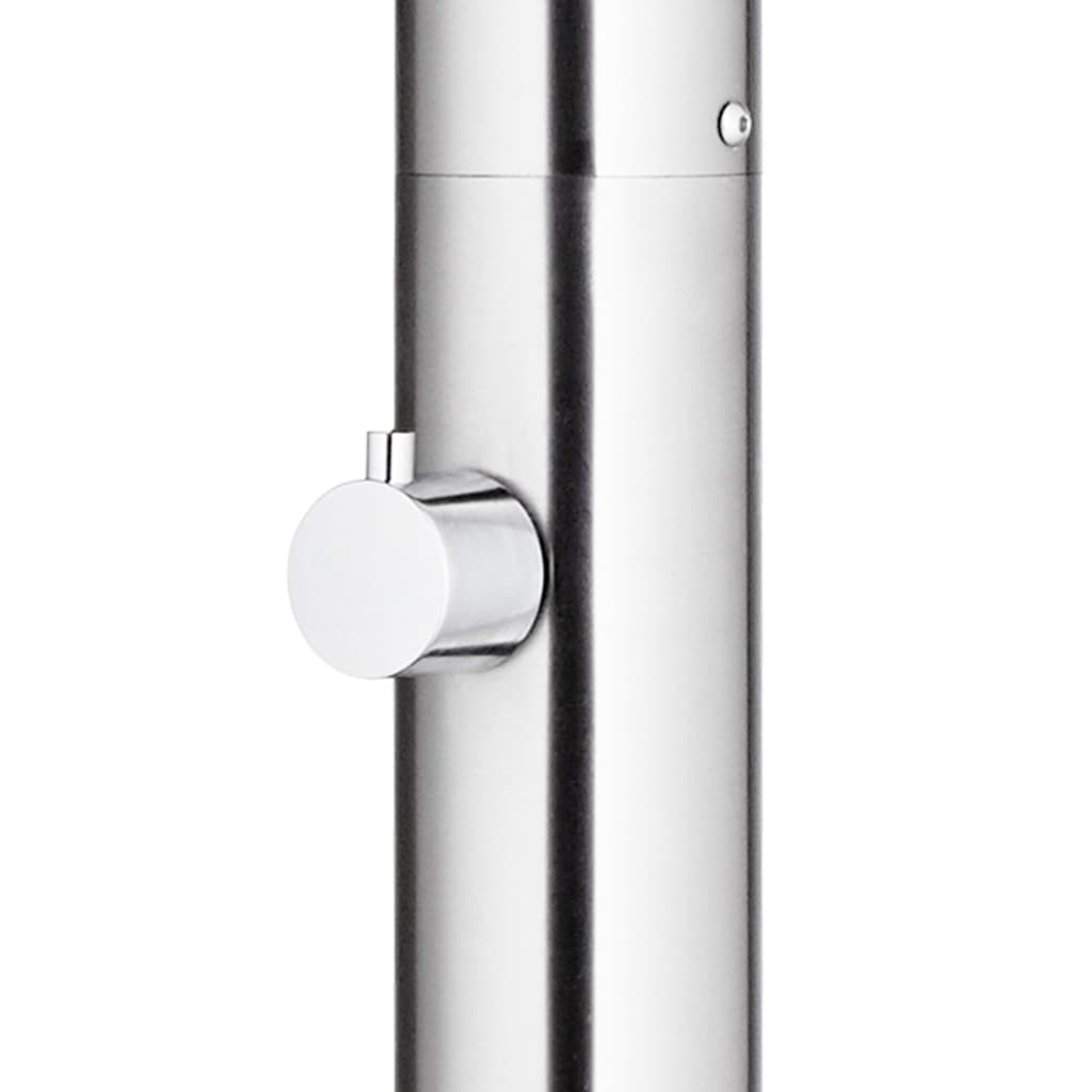 close-up of a sleek stainless steel garden shower design with a modern faucet and adjustable knob for outdoor use.