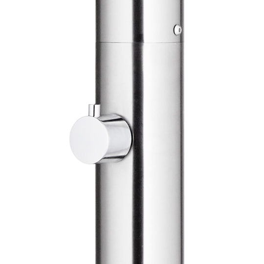 close-up of a sleek stainless steel garden shower design with a modern faucet and adjustable knob for outdoor use.