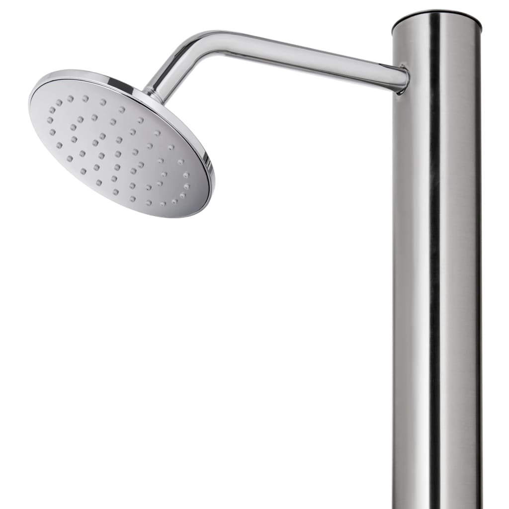 Modern stainless steel shower head for outdoor use, perfect for garden and poolside relaxation.