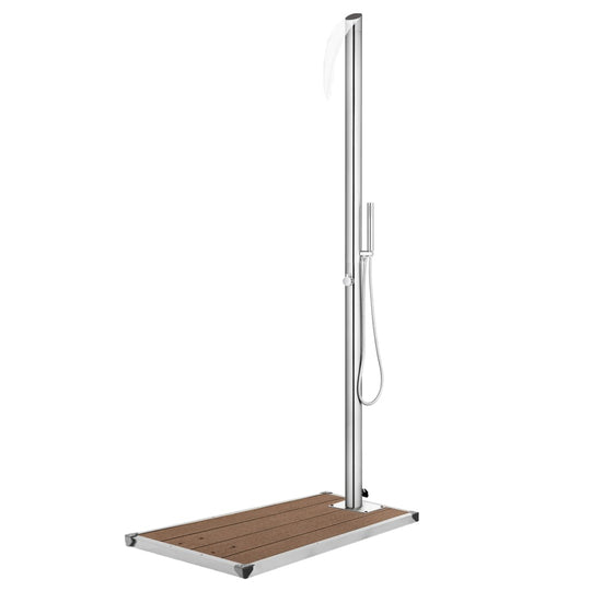 Garden Shower with  Base 225 cm Stainless Steel featuring a modern design and wooden base for outdoor use.