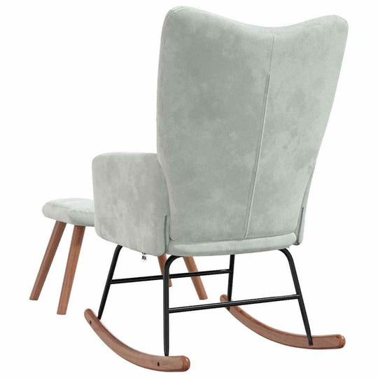 Light grey velvet rocking chair with stool, featuring chic design and sturdy rocking rails for optimal comfort.