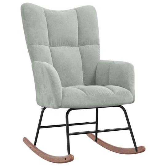 Light grey velvet rocking chair with stool, modern lounge furniture for stylish decor and optimal comfort.