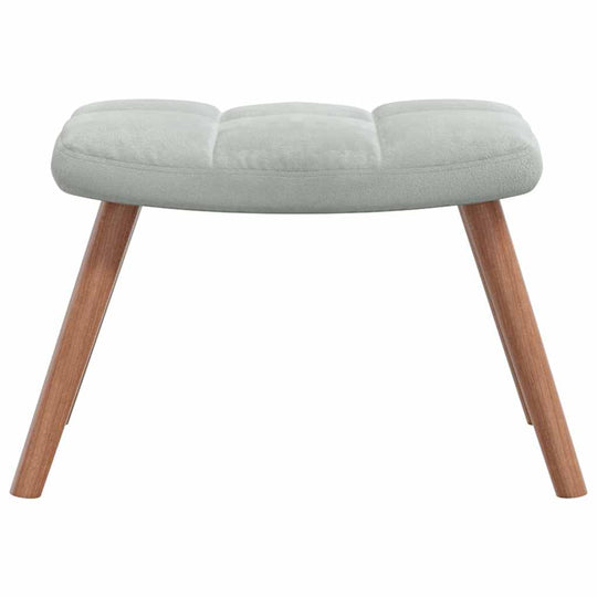 Light grey velvet stool with wooden legs, perfect for lounges, outdoor furniture, and modern home decor.