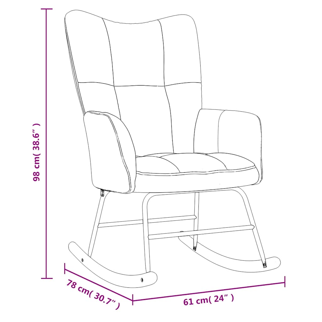 Dimensions of a light grey velvet rocking chair with stool, modern design and thick padding for optimal comfort.