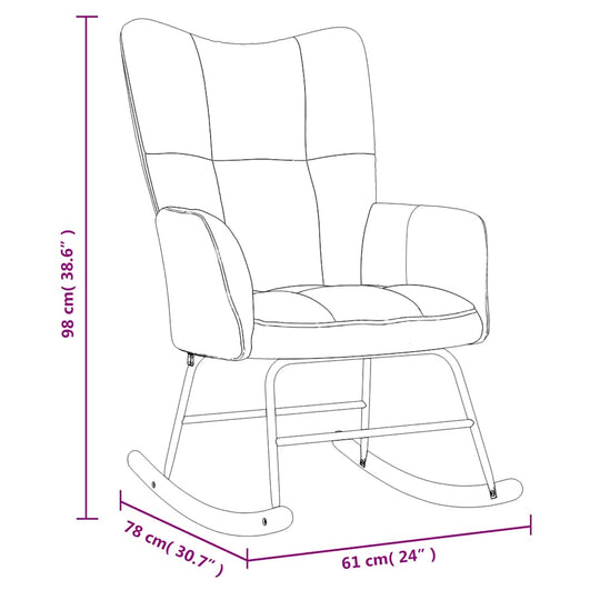 Dimensions of a light grey velvet rocking chair with stool, modern design and thick padding for optimal comfort.