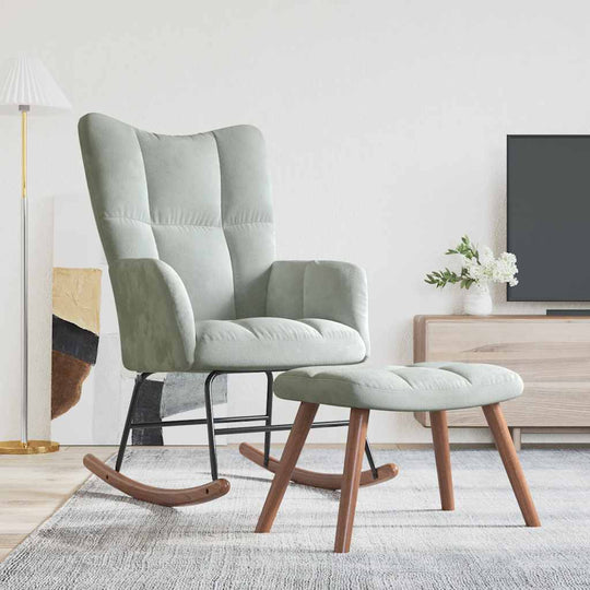 Light grey velvet rocking chair with matching stool, featuring modern design and thick padding for comfort.