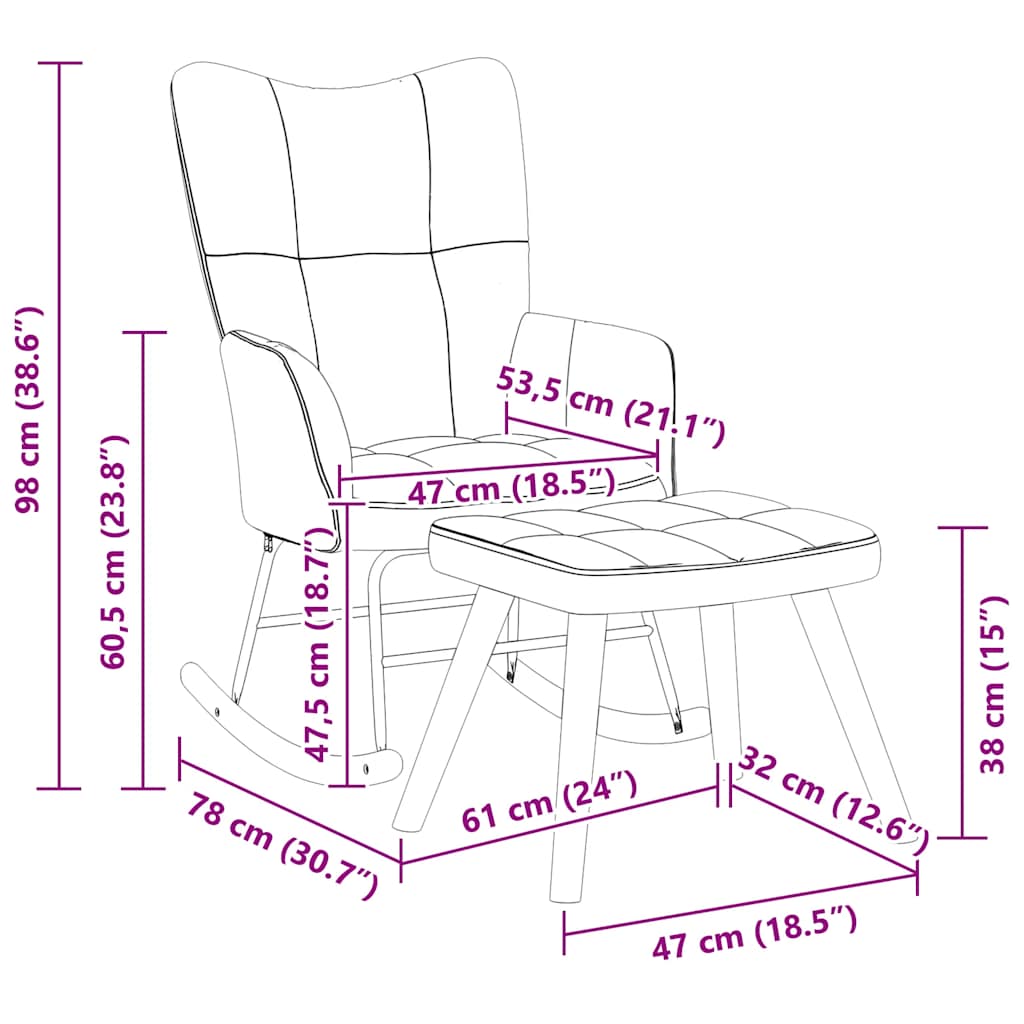 Measurements of Rocking Chair with a Stool Dark Velvet including dimensions of chair and stool in centimeters and inches.