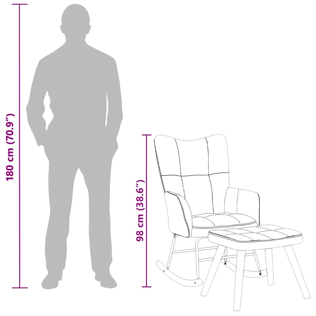 Size comparison of Rocking Chair with a Stool Dark Velvet, showing a diagram next to a silhouette of a person for height reference.