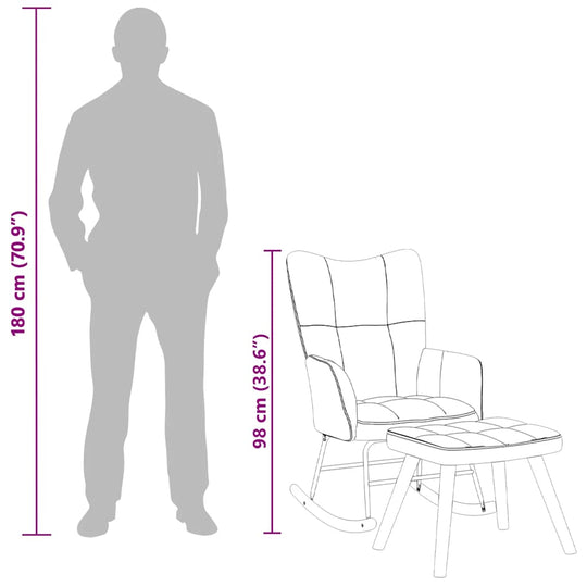 Size comparison of Rocking Chair with a Stool Dark Velvet, showing a diagram next to a silhouette of a person for height reference.