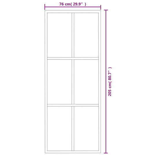 Dimensions of a sliding door, 76x205 cm, featuring six panel design with a clean aluminium frame.