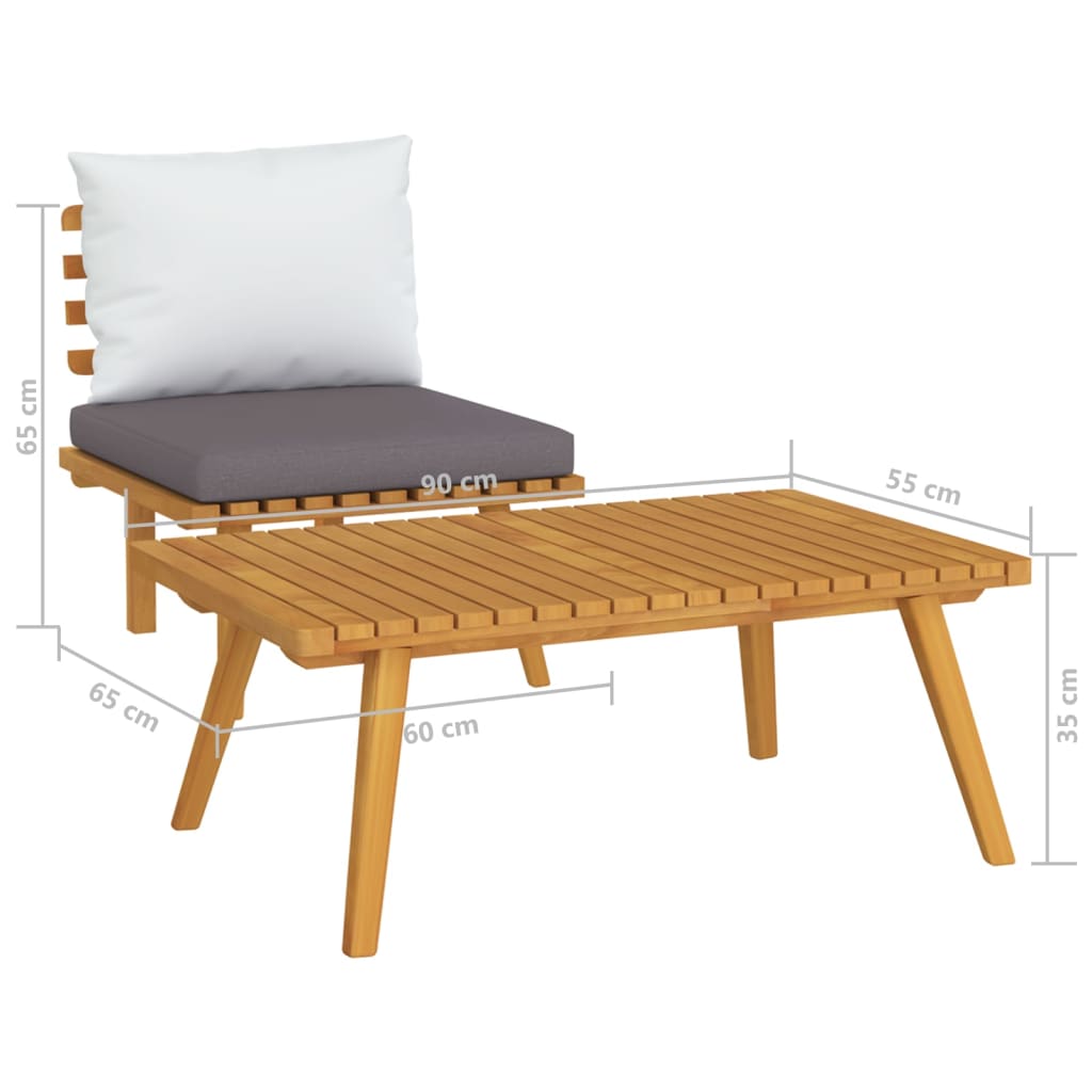 2 Piece garden lounge set dimensions with solid acacia wood, grey cushion, and slatted design for outdoor furniture.