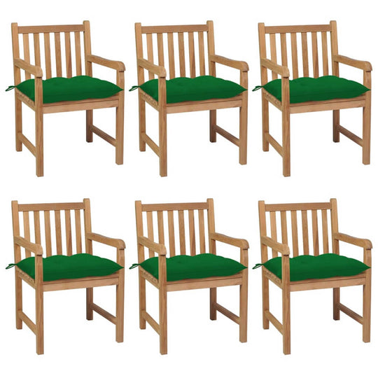 Garden Chairs 6 pcs with Green Cushions Solid Teak Wood