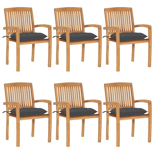 Set of 6 stacking garden chairs with cushions made of solid teak wood, perfect for indoor or outdoor dining.