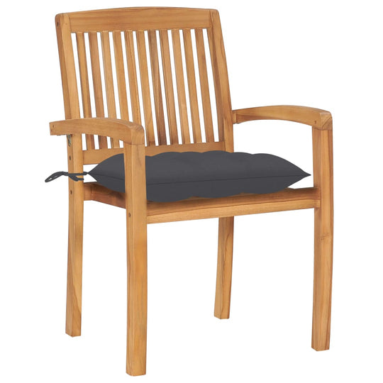 Stacking garden chair with slatted design and gray cushion, made from solid teak wood for indoor and outdoor use.