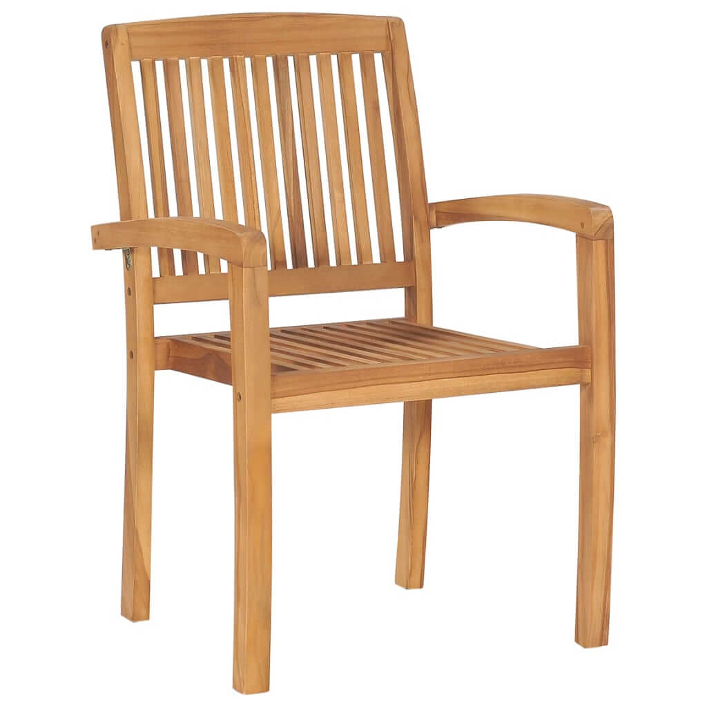 Stacking garden chair made of solid teak wood with a slatted design, ideal for indoor or outdoor use.