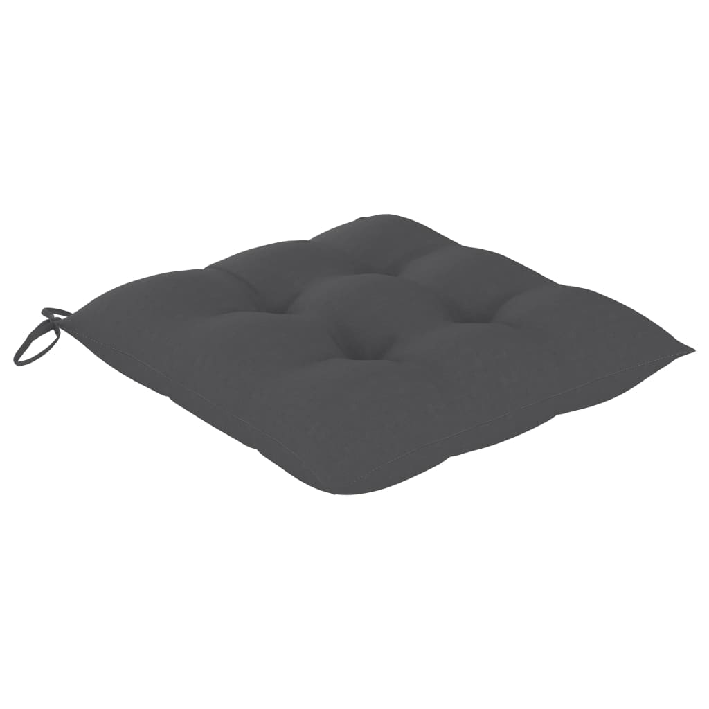 Square gray cushion for stacking garden chairs, featuring tufted design and convenient tie for secure attachment.