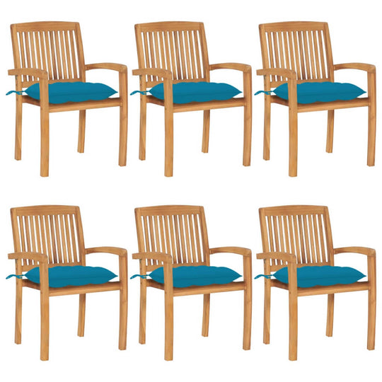 Stacking garden chairs set of 6 with teal cushions, crafted from durable solid teak wood for indoor or outdoor use.