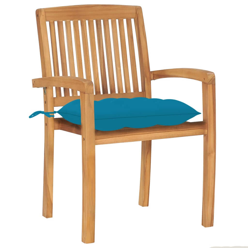 Stacking garden chair made of solid teak wood with a blue cushion, perfect for indoor or outdoor use.