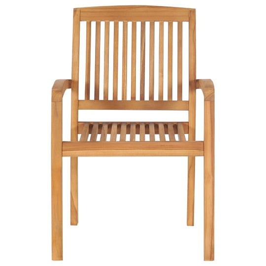 Stacking garden chair made of solid teak wood with slatted design, featuring armrests and a smooth finish for indoor or outdoor use.