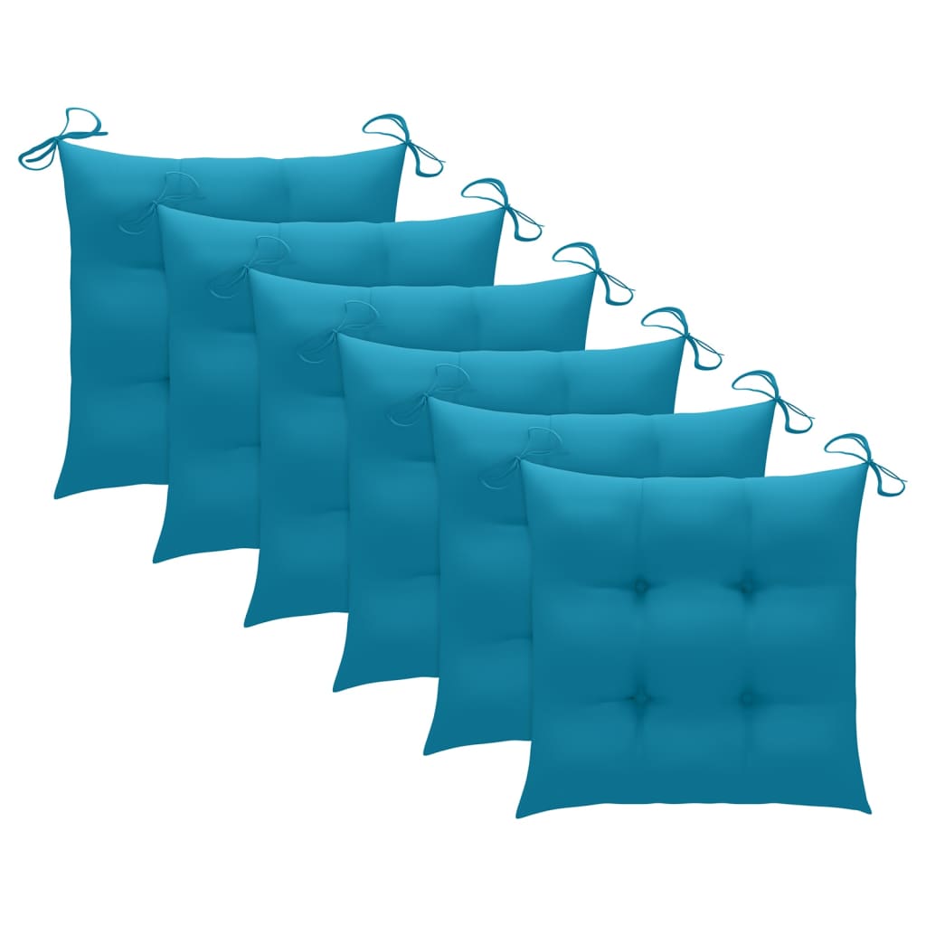 Set of 6 turquoise chair cushions with ties for outdoor stacking garden chairs, providing comfort and style.