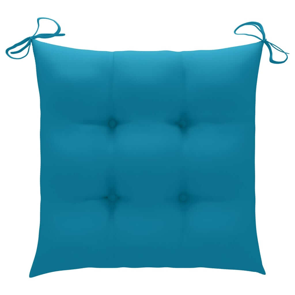 Bright turquoise cushion with ties, perfect for stacking garden chairs, providing comfort and style for outdoor seating.