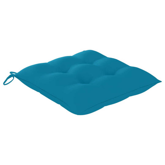 Bright turquoise cushion for stacking garden chairs, featuring a plush design and convenient ties for secure placement.