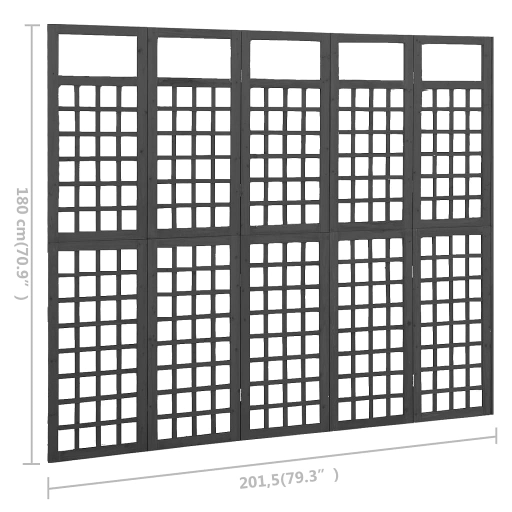 Black 5-panel solid fir wood room divider and trellis for outdoor garden, patio, and home use, measuring 201.5x180 cm.