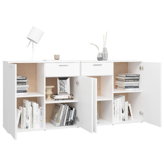 White sideboard with doors and drawers, showcasing minimalist design and ample storage for books and decor.