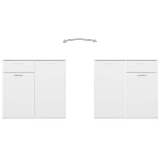 Minimalist white sideboard with two drawers and four doors, ideal for stylish storage and display.