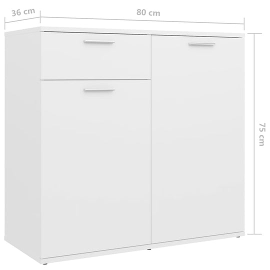 White sideboard 160x36x75 cm with 4 doors and 2 drawers, ideal for storage and decoration in minimalist design.