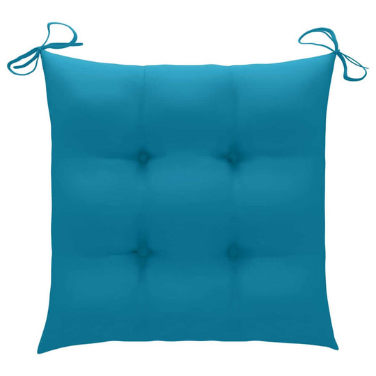 Turquoise cushion with ties, featuring a soft tufted design for added comfort on outdoor chairs.